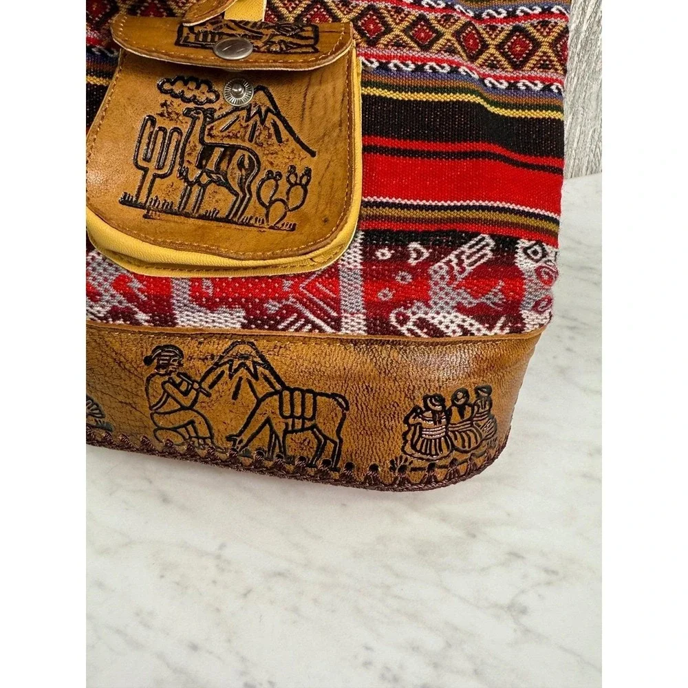 Cajamarca Peru Leather Woven Backpack Andean Llama Embossed Boho Rucksack Bag